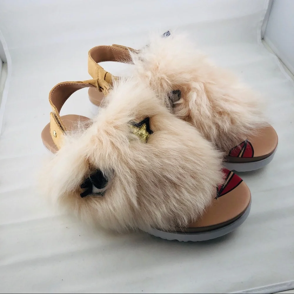 UGG Girls Beige Fluff Sandals with Embellished Stars